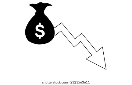 Money loss design concept, decreasing graph, shack cash with down arrow illustration.