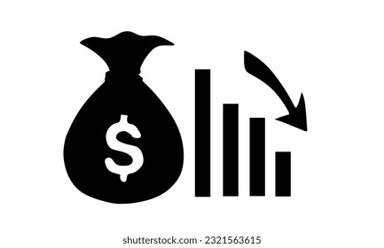 Money loss design concept, decreasing graph, shack cash with down arrow illustration.