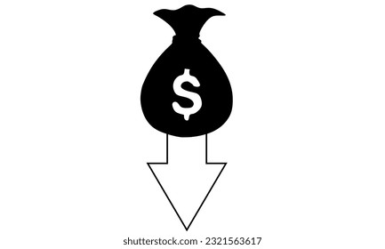 Concepto de diseño de pérdida de dinero, gráfico decreciente, dinero en efectivo de la chabola con ilustración de flecha abajo.