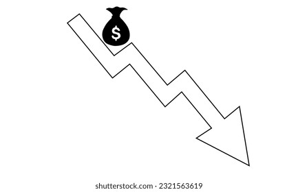 Money loss design concept, decreasing graph, shack cash with down arrow illustration.