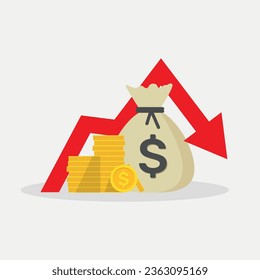 Money loss, Down arrow stocks graph, concept of financial crisis, market fall. Vector illustration