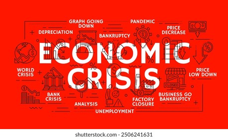 Money loss and economic crisis, money market crash and global financial downturn, vector line icons. Economic crisis icons of bankruptcy, price decrease with money inflation and unemployment growth