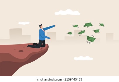 Money Loss Or Financial Difficulty. Financial Failure, Business Management. Missed Financial Opportunities Lack Of Liquidity. Businessman Is Deep In Thought While Watching The Flying Money.