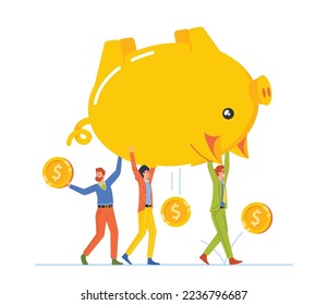Money Loss, Improper Distribution Of Funds And Savings, Financial Bankruptcy Concept. Tiny Colleagues Men And Women Carry Huge Piggy Bank With Coins Falling Down. Cartoon People Vector Illustration