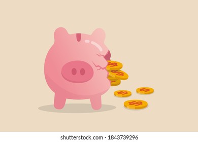 Money loss from investment failure, bad habit problem in personal finance, debt crisis or inflation money reduction concept, depress sadness broken pink piggy bank with money dollar coins pouring out.