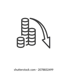 Money loss line icon. linear style sign for mobile concept and web design. Money decrease arrow outline vector icon. Financial crisis symbol, logo illustration. Vector graphics