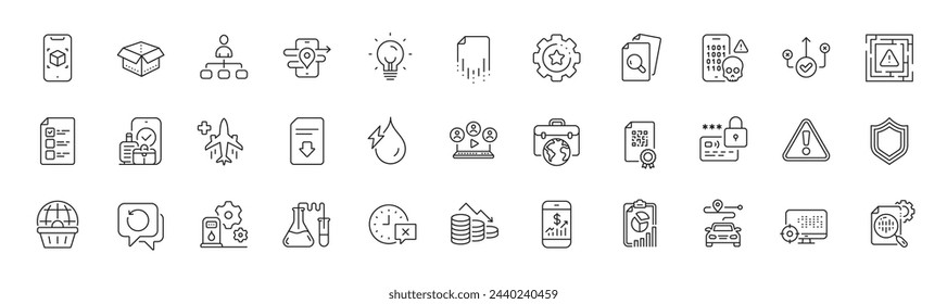 Money loss, Medical flight and Augmented reality line icons. Pack of Security, Mobile finance, Maze attention icon. Video conference, Correct way, Settings gear pictogram. Seo, Qr code. Vector