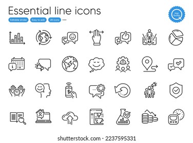 Geldverlust, Multitasking-Gesten und Megaphone-Zeilensymbole. Kollektion von Employees Messenger, Outsourcing, Cloud Upload Icons. Kuchendiagramm, Augmented Reality, Security Schild Web-Elemente. Vektorgrafik