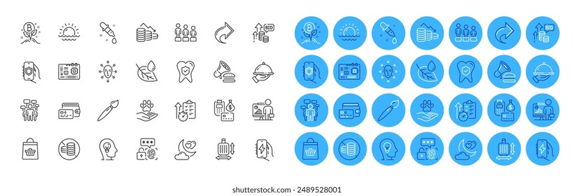 Money loss, No cash and Baggage size line icons pack. Restaurant food, Dental insurance, Burger web icon. Brush, Share, Face biometrics pictogram. Mental health, Chemistry pipette, Teacher. Vector