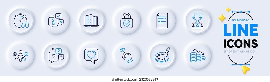 Money loss, Palette and Buildings line icons for web app. Pack of Cursor, Question bubbles, Timer pictogram icons. Document, Heart, Winner cup signs. Correct answer, Security lock, Info. Vector