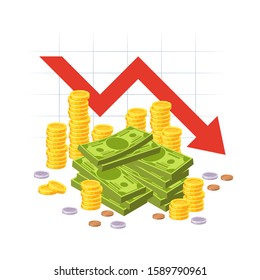 Money loss. Red down arrow stocks graph with cash pile. Financial crisis, investment expenses, economic depression vector bankruptcy business concept