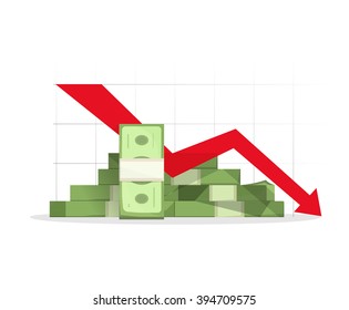 Pilha de dinheiro gráfico de recessão vermelho com ilustração vetorial seta para baixo, conceito de falha de negócios, diagrama de depressão financeira, atingindo para baixo, analytics, símbolo de relatório ruim, isolado em sinal branco