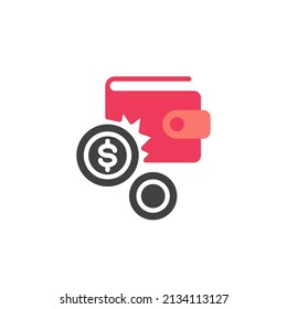 Money loss vector icon. filled flat sign for mobile concept and web design. Hole wallet and dollar money glyph icon. Symbol, logo illustration. Vector graphics
