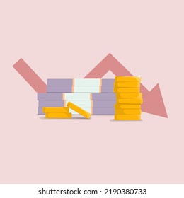 Money Loss Vector Illustration Concept For Financial Articles And Website Banners. Red Falling Arrow On The Background Of The Cash And Coins. Financial Crisis