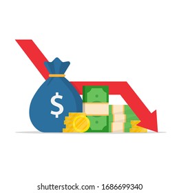 Money loss vector illustration in flat cartoon cash with down arrow stocks graph, concept of financial crisis, market fall bankruptcy or budget recession. Investment expenses and bad economy reduction