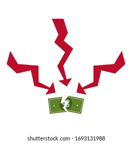 Money loss vector illustration, flat cartoon cash with down arrow stocks graph, concept of financial crisis, market fall, bankruptcy, budget recession, investment expenses, bad economy reduction, busi