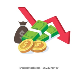 Money loss vector illustration in flat cartoon cash with down arrow stocks graph, concept of financial crisis, market fall bankruptcy or budget recession. Investment expenses and bad economy reduction