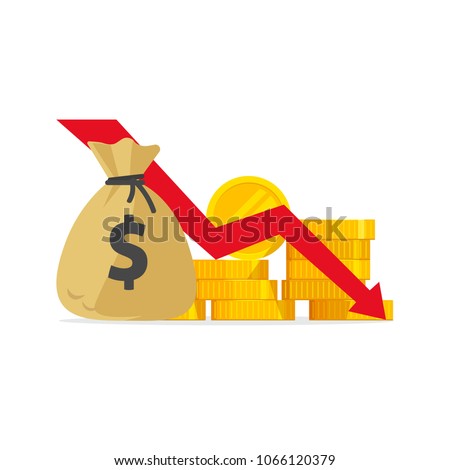 Money loss vector illustration, flat cartoon cash with down arrow stocks graph, concept of financial crisis, market fall, bankruptcy, budget recession, investment expenses, bad economy reduction Сток-фото © 