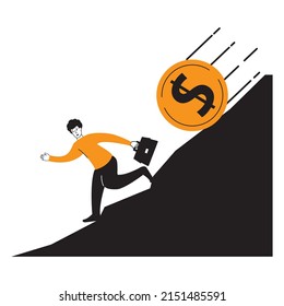 Money loss.Trader losing profits. Economic financial crisis and business failure. Bankruptcy and falling incomes.Downward currency money crisis.Dalling coin dollar.Currency depreciation dollar. 