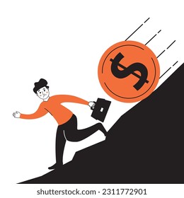 Money loss.Trader losing profits. Economic financial crisis and business failure.Bankruptcy and falling incomes.Downward currency money crisis.Dalling coin dollar.Currency depreciation dollar.