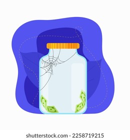 Money lost concept. Flat vector illustration with empty money jar. The flat illustration concept of bankruptcy and poverty.   