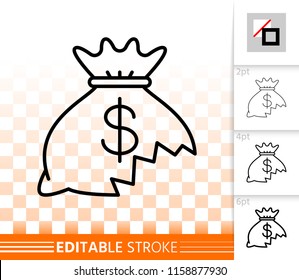 Money lost thin line icon. Outline web sign of financial loss. Hole in moneybag linear pictogram with different stroke width. Simple vector transparent symbol. Crisis editable stroke icon without fill