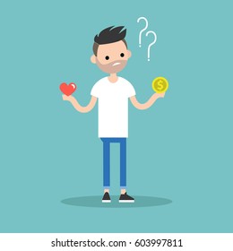 Money or love. Difficult choice. Decision making / Flat editable vector illustration, clip art