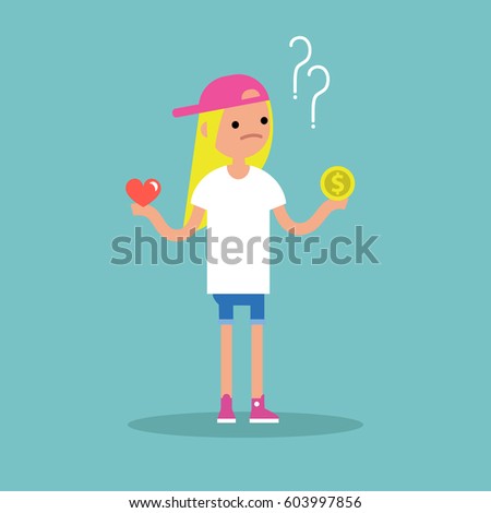 Money or love. Difficult choice. Decision making / Flat editable vector illustration, clip art