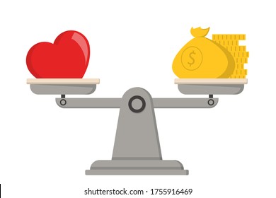 Money and love on scales vector isolated. Balance between personal life and career concept. Value of the relationship.