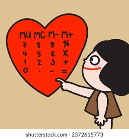Money Lover Happy Young Girl Pressing Heart Shaped Calculator With Her Fingers. Know Your Worth Heart Concept Card Character illustration