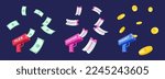 Money machine gun. Shoot the toy gun with money. Cash, Coupon, Gold coin, Point, Dollar, Paper flower. Black Friday marketing event banner set. Modern style. Trendy flat vector illustration.