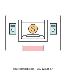 money machine, symbolizing financial transactions and cash withdrawal services isolated doodle line art flat vector illustration on white background.