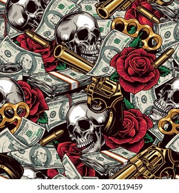 Money and mafia colorful seamless pattern in vintage style with skulls dollar banknotes roses gold guns bullets and knuckles vector illustration