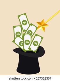 Money and Magic. Wizard Hat and magic wand. Vector illustration