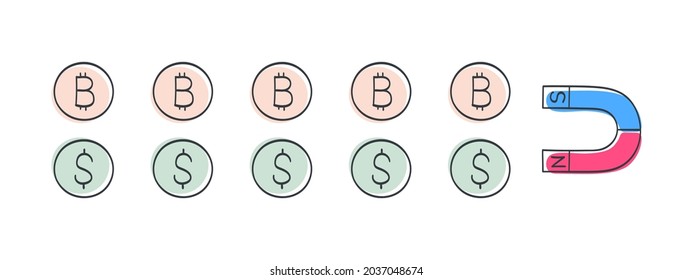 Money and a magnet. Magnet attracting money. Dollars and Bitcoins. Vector illustration