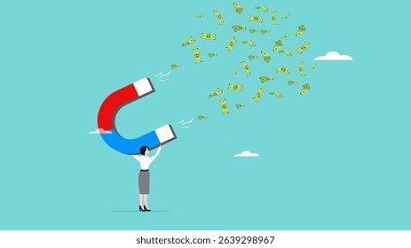 money magnet with businesswoman carrying a big magnet to attract banknotes, attract investors to invest shares in our business, Charismatic business leaders with money making skills