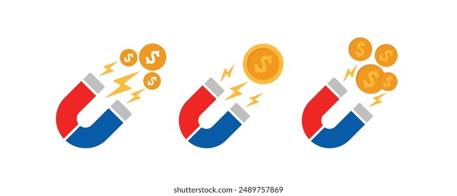 Money magnet with dollar coin icon Set, Magnet attracts gold coin vector icons