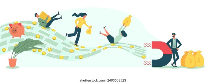 Money magnet. Male entrepreneur attracts new opportunities for business growth and increased profits. Financial success and wealth. Salary raise. Flat vector illustration isolated on white background