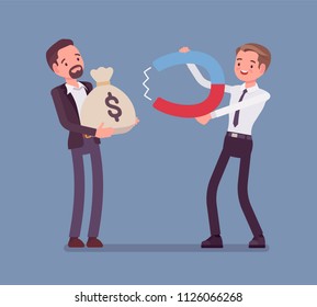 Money magnetism powerful technique. Young man with powerful ability to attract great profit, knowing finance secrets. Vector flat style cartoon illustration. Business and marketing management concept