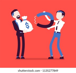 Money magnetism powerful technique. Young man with powerful ability to attract great profit, knowing finance secrets. Vector illustration, faceless characters. Business, marketing management concept