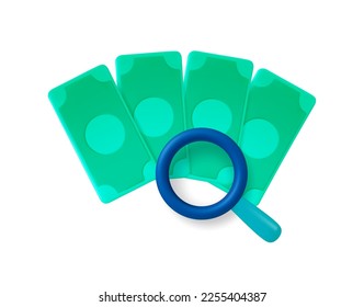 Money, magnifying glass 3d vector icons. Isolated cash security, checking banknotes for authenticity. Banking or financial, accounting and business concept