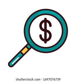 money magnifying glass analysis shopping or payment mobile banking vector illustration line and fill icon