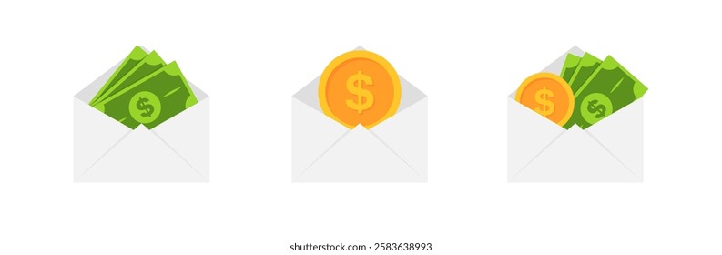 Money mail set icons. Flat style. Vector icons.