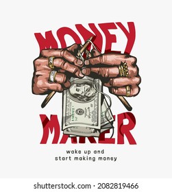 money maker slogan with hand knitting money vector illustration