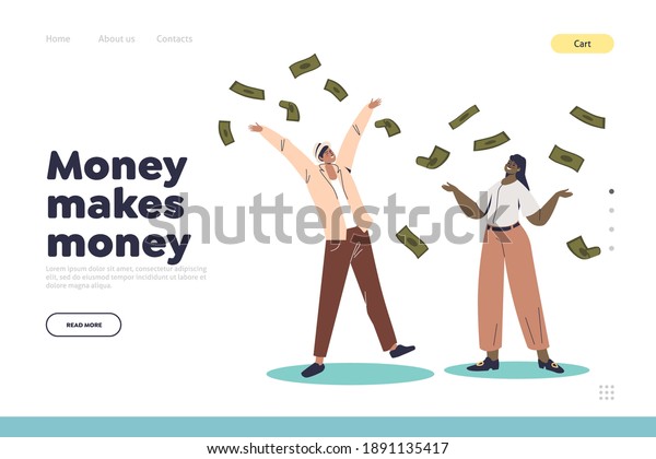 Money makes money\
concept of landing page with business man and woman standing under\
money rain. Successful rich couple throwing banknotes up. Flat\
vector illustration