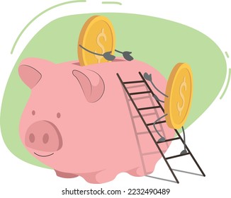 Money makes money. Vector illustration concept of money accumulation piggy bank. Business plan profit and financial savings