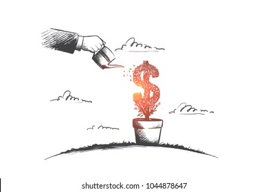 Money making concept. Hand drawn human hand watering growing symbol of dollar. Success investment isolated vector illustration.