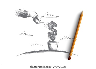 Money making concept. Hand drawn human hand watering growing symbol of dollar. Success investment isolated vector illustration.