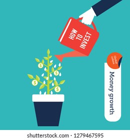 Money making concept, human hand watering a  plant with a book to bring in success in investments. Isolated vector illustration