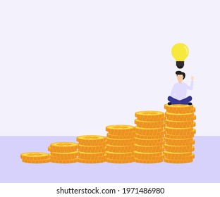 Money making idea. Light bulb with heap of coins stairs for financial plan or business idea concept. Businessman sitting yoga lotus pose on coins. Vector, illustration.